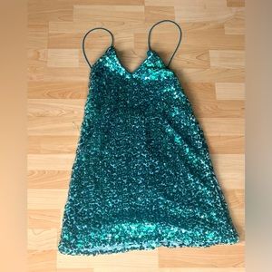 Size small, short, green, sequin dress.